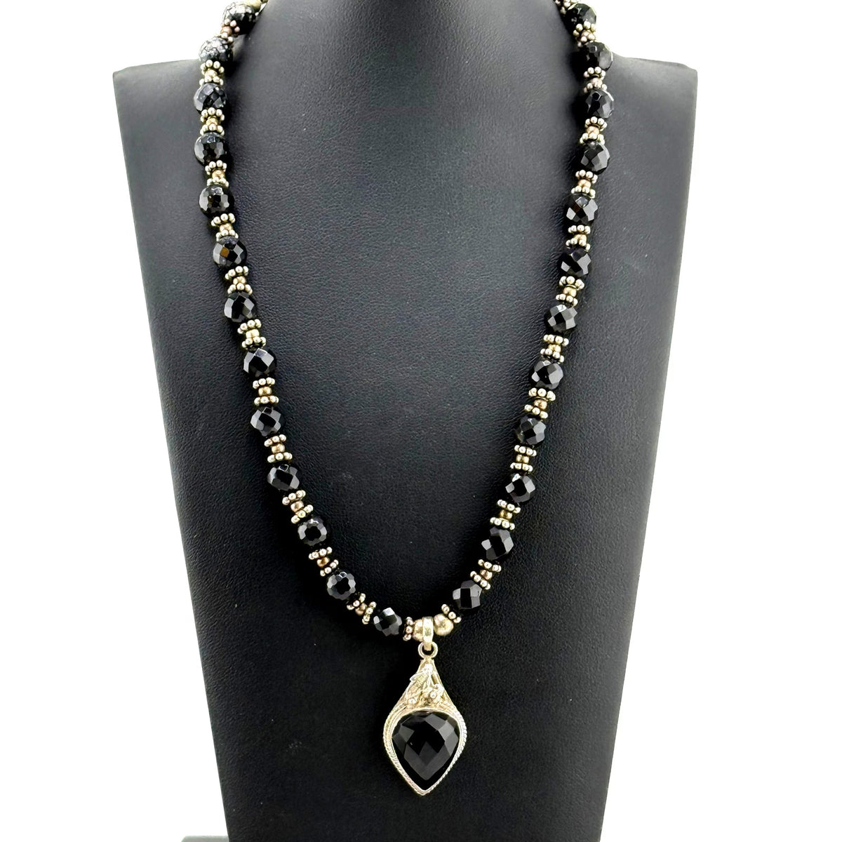 Vintage Sterling Silver Onyx Beaded Pendant Necklace