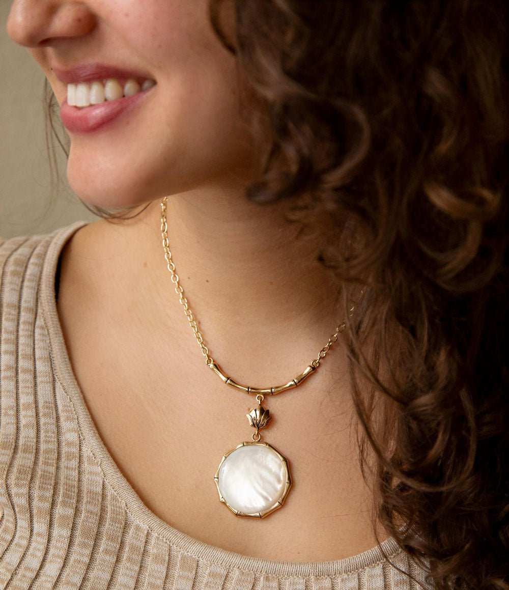 Barse Jewelry White Mother of Pearl Golden Statement Pendant Necklace