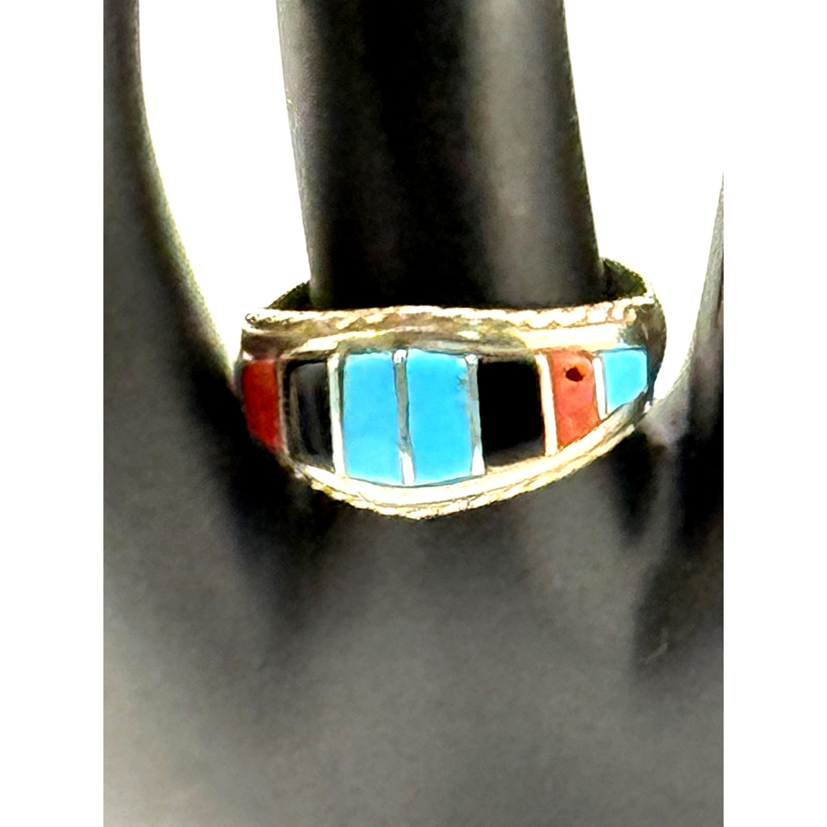Zuni Inlaid Turquoise Coral Sterling Silver Ring Size 8.5
