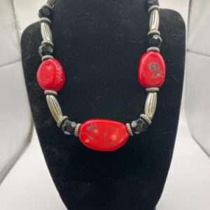 Vintage Red Coral, Jet and Silver Necklace - RARE