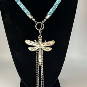 Vintage Dragonfly Pendant Necklace, Turquoise- colored Glass Beaded Rope