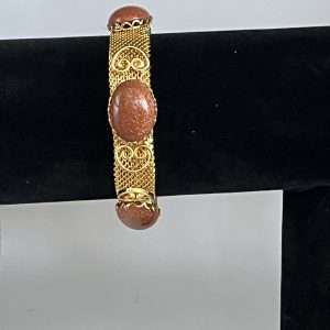 Vintage Gold Tone Mesh Buckle Bracelet with Sparkling Brown Glass Cabochons 7"