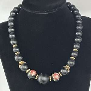 Black Plastic Bead Cloisonne Necklace with Gold Beads