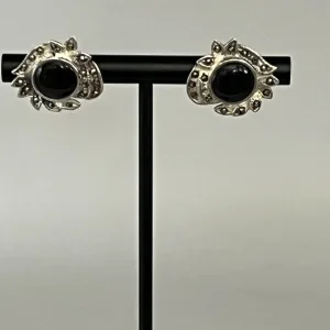 Vintage 925 Sterling Silver Marcasite Onyx Earrings
