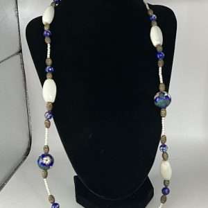Hand Painted Porcelain Bead and White Stone Necklace