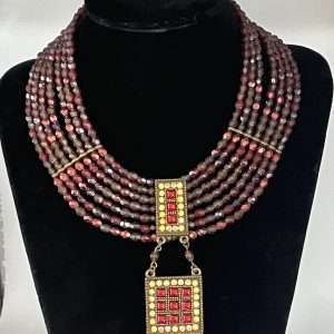 Vintage Faux Garnet Choker, 7 strands and faux diamond pendant