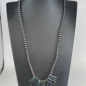 Vintage Hematite Beaded Green Blue Stone Pendant Necklace