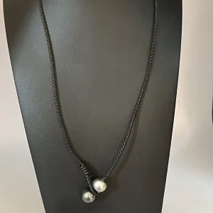 Black Tahitian Twin Pearl Leather Lariat Necklace 21 Inches