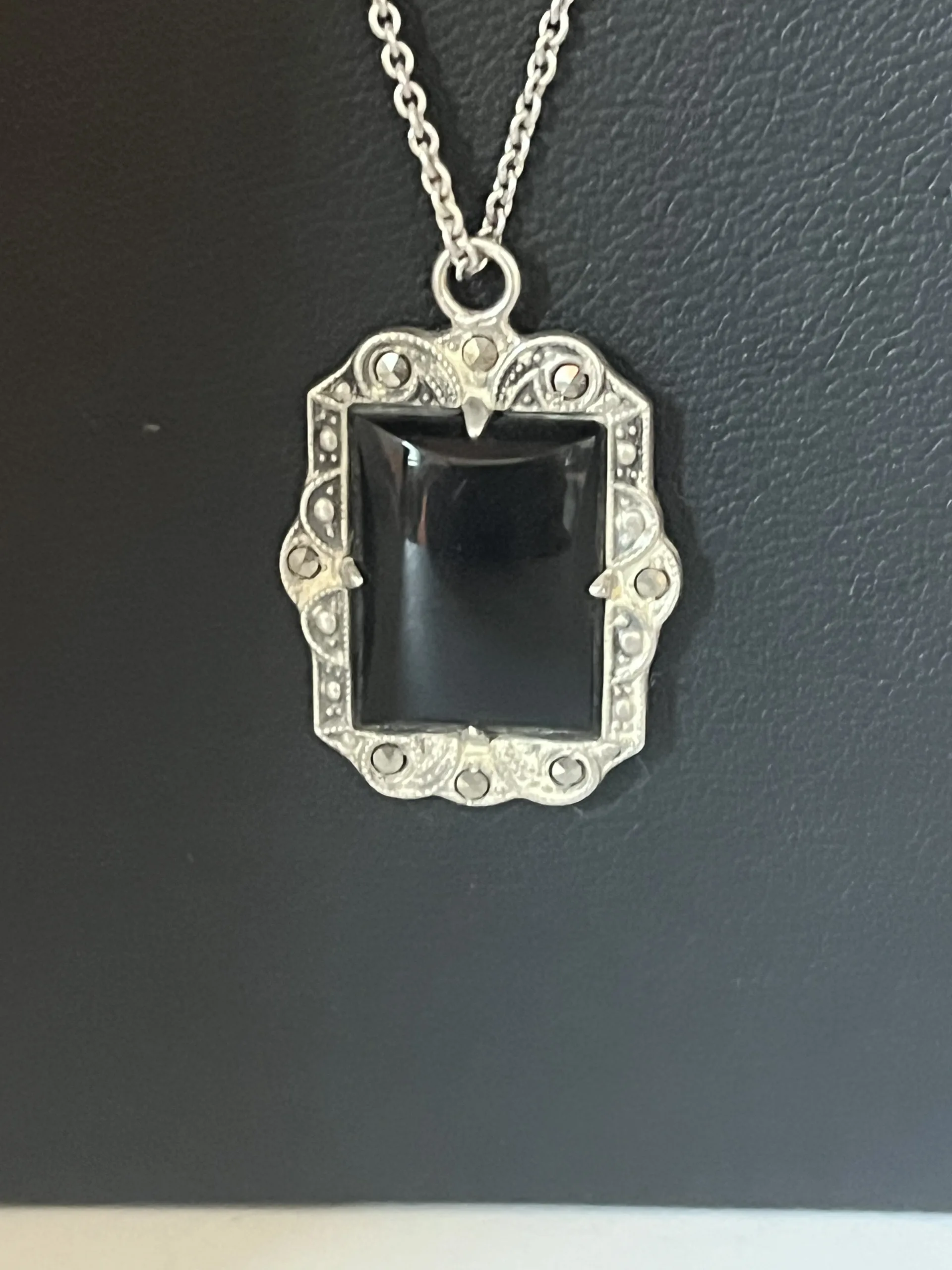 Vintage Marcasite 925 Sterling Silver Onyx Pendant Necklace - Image 2