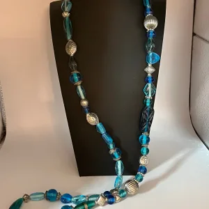 Blue Glass Lampwork Necklace Aqua 34"