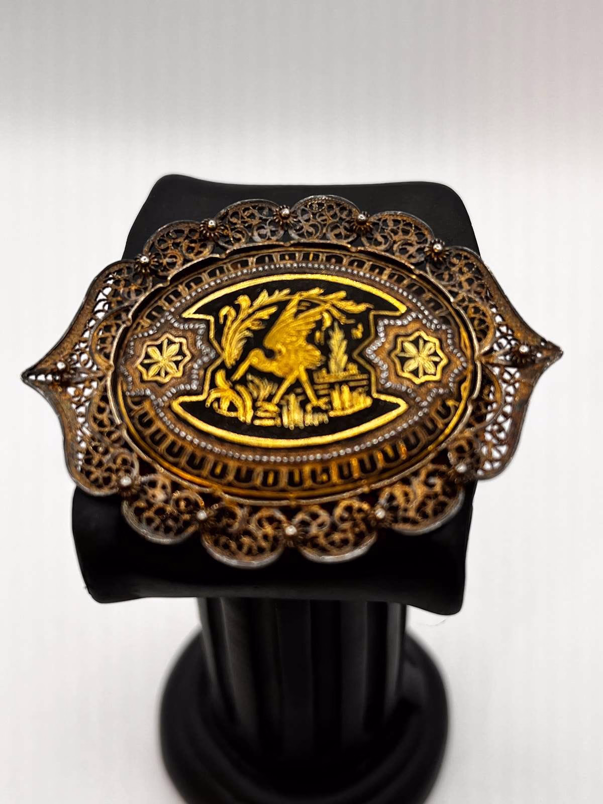 Antique Gold and Silver Damascene Filigree Brooch