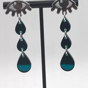 Crying Teardrop Mirrored Acrylic Earrings: Silver with Teal