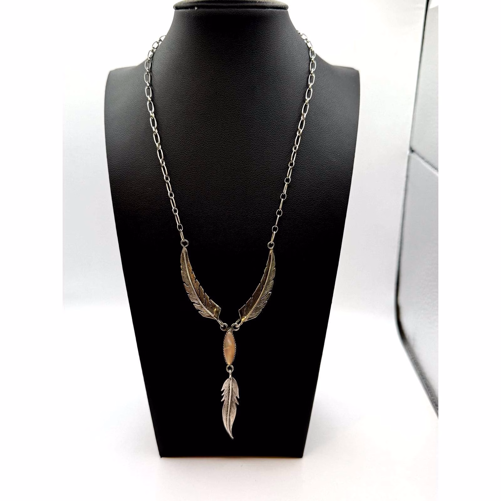 Vintage 925 Sterling Silver Feather Opal Pendant Necklace
