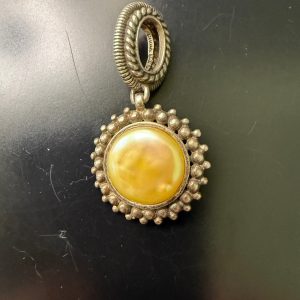 Vintage BJ Sterling Silver Yelllow Mabe Pearl Ornate Pendant