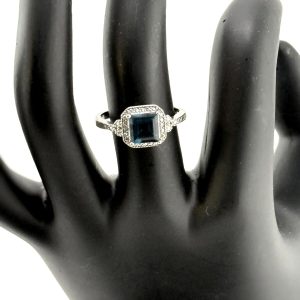 Elegant Square Blue Topaz Ring with Diamond Accents Size 7.25