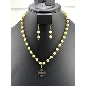 Native American Rosary Style Chain Pearl Cross Necklace Earrings Set