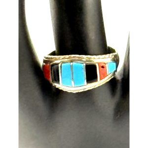 Zuni Inlaid Turquoise Coral Sterling Silver Ring Size 8.5