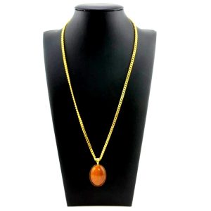 Glittering Aventurine Cabochon Pendant on Gold Tone Necklace