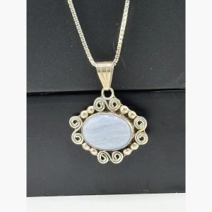Vintage Mexico 925 Sterling Silver Blue Lace Agate Pendant Necklace