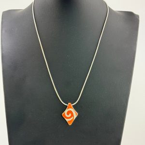 Vintage 925 Sterling Affinity Diamond 1/8ct tw Orange Enamel Pendant Necklace