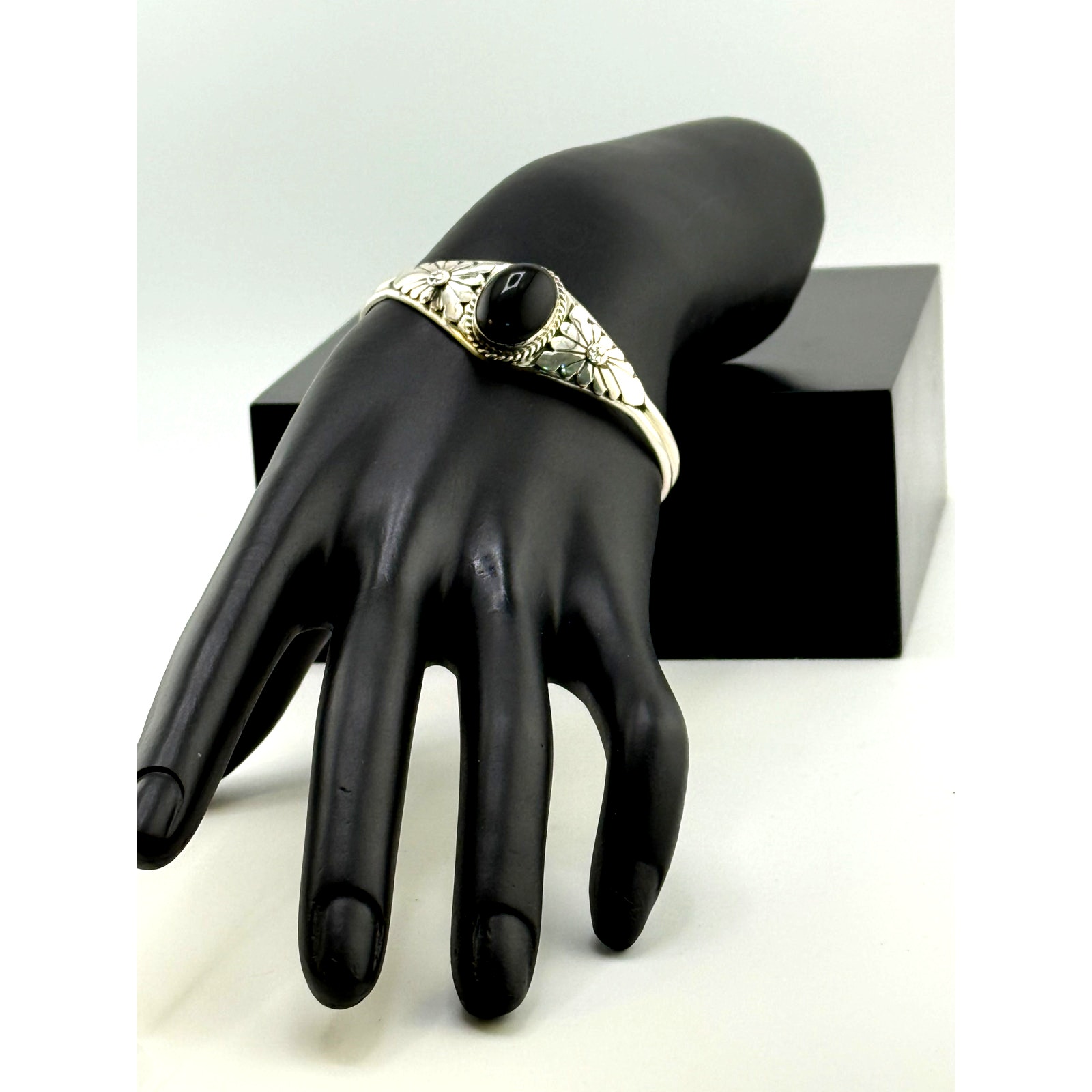 Navajo Tom Yazzie Sterling Silver Onyx Cuff Bracelet