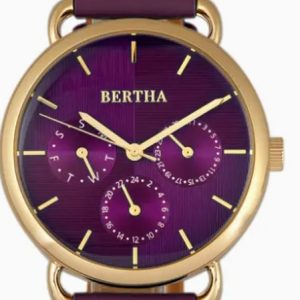 Bertha Gwen Purple Leather-Band Watch with Day and Date NIB with COA