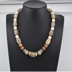 Navajo Handmade Carved Jade with Sea Coral, Jasper and Wood Bead 18" Necklace