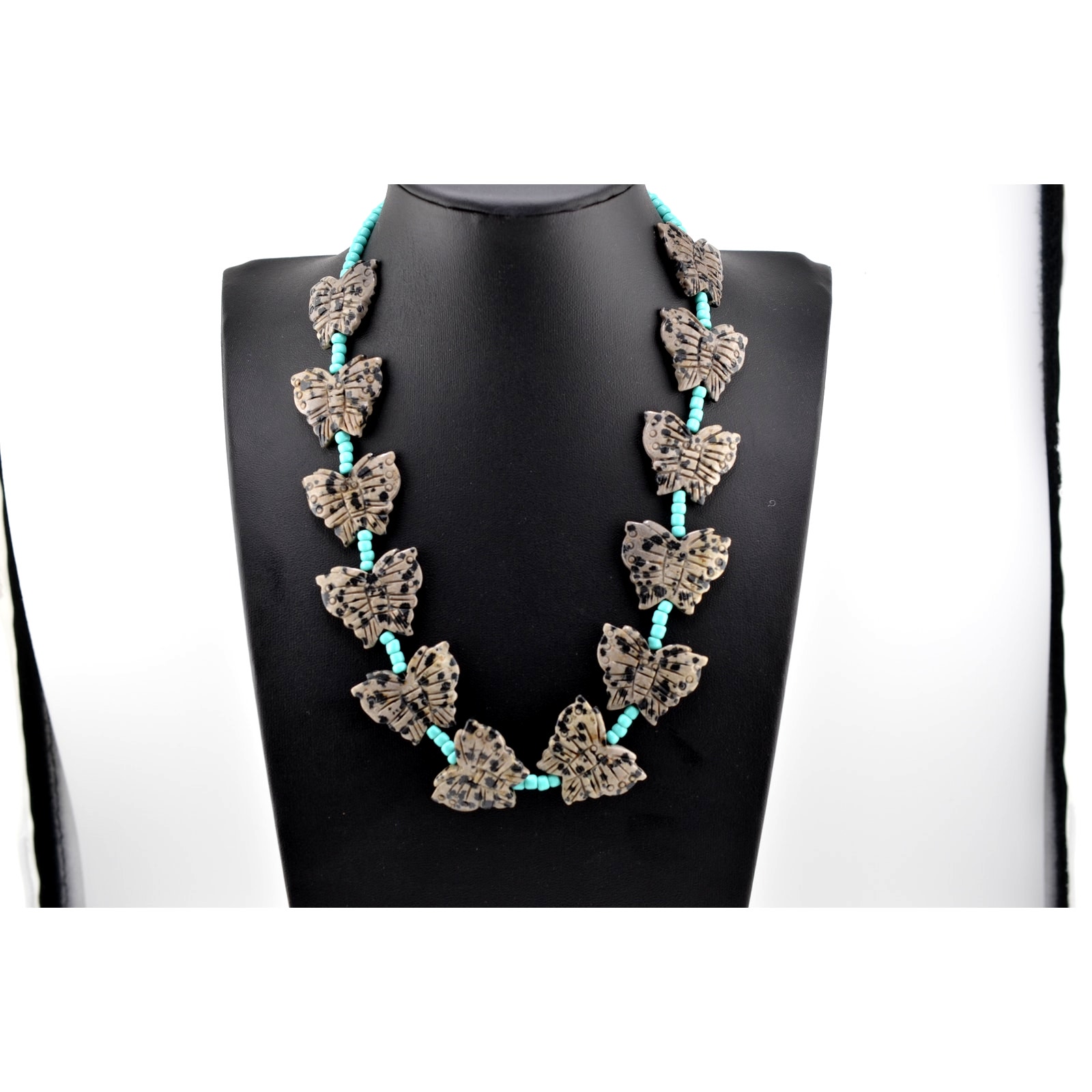Navajo Mary W Roanhorse Carved Dalmatian Jasper Turquoise Glass Necklace