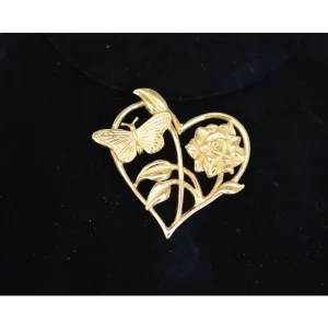 Vintage Gold-Tone Sterling Silver Heart Shaped Brooch Signed H&H
