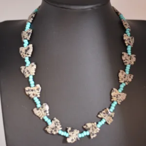 Navajo Mary W Roanhorse Carved Dalmatian Jasper Turquoise Glass Necklace - Small