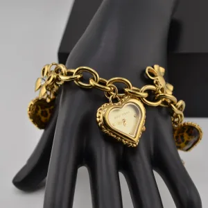 Betsey Johnson Gold Tone Leopard Spots Heart Watch Charm Bracelet