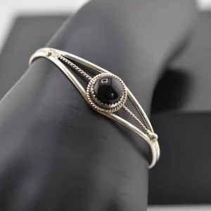Native America Navajo Sterling Silver Black Onyx Bracelet Cuff By Ernest Wood