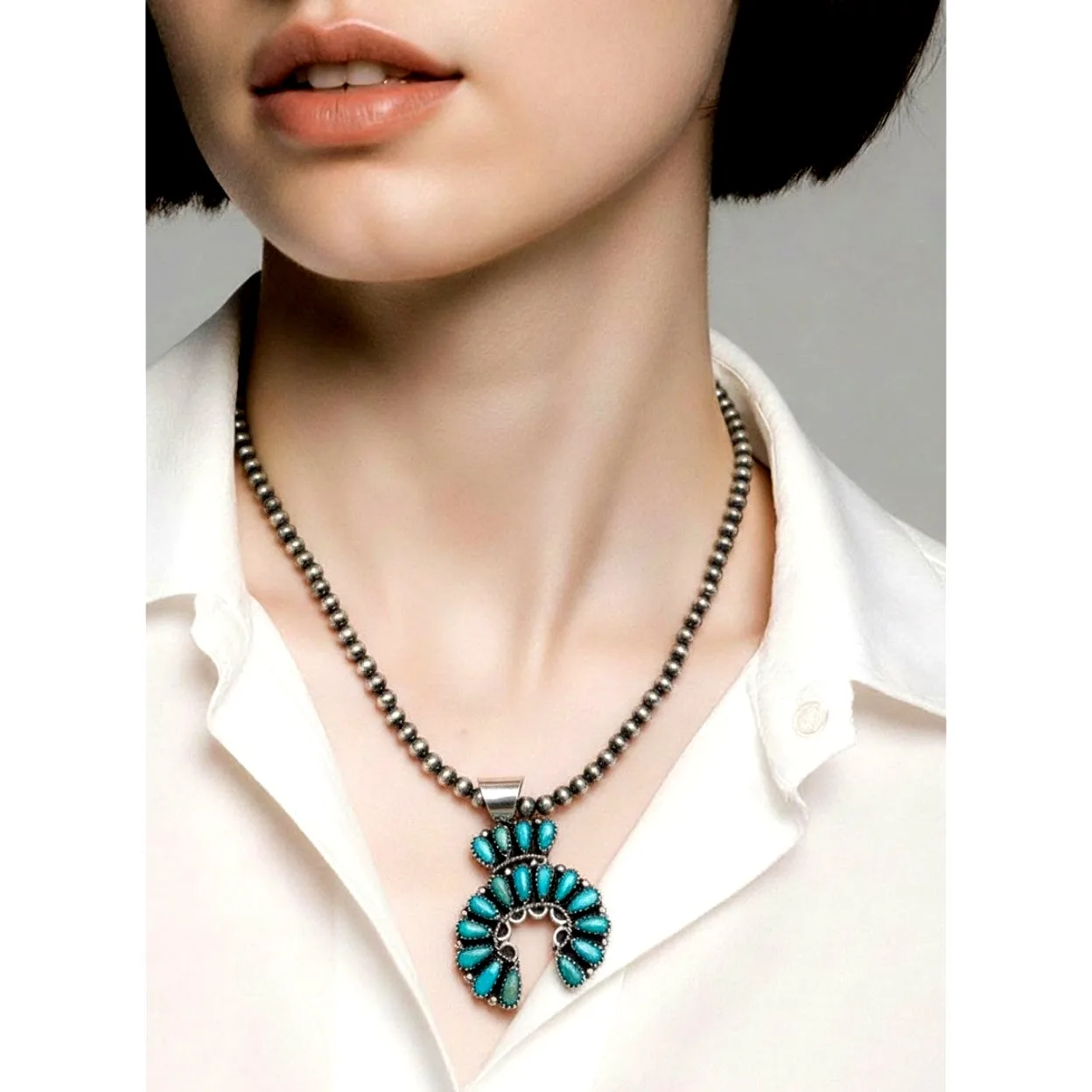 Scarce Navajo Zeita Begay Squash Blossom Pendant with Pearl Necklace